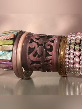 Vintage Boho Eclectic Bracelet Stack Mother of Pearl Resin Cuff Faux